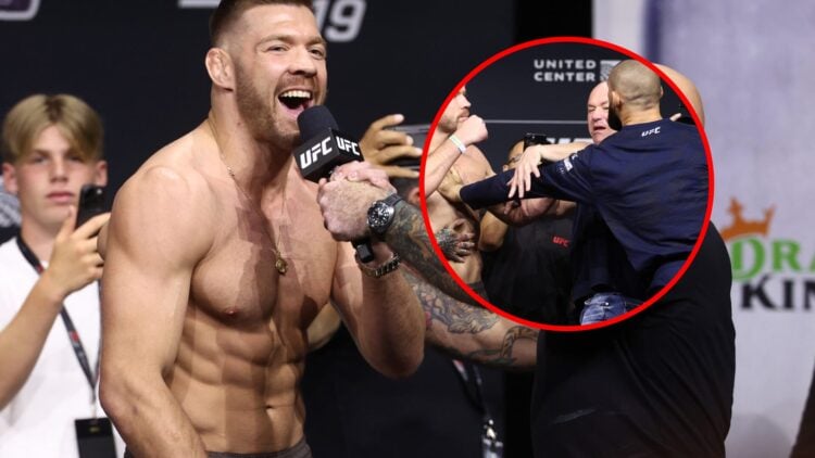 Main: Dricus du Plessis is interviewed by Joe Rogan on stage at the UFC 319 ceremonial weigh-ins. Inset: Khamzat Chimaev pushes Dricus du Plessis d...