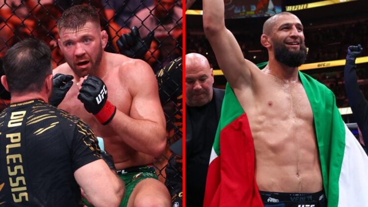 Dricus du Plessis in between rounds at UFC 319, Khamzat Chimaev gets his hand raised after becoming UFC middleweight champion