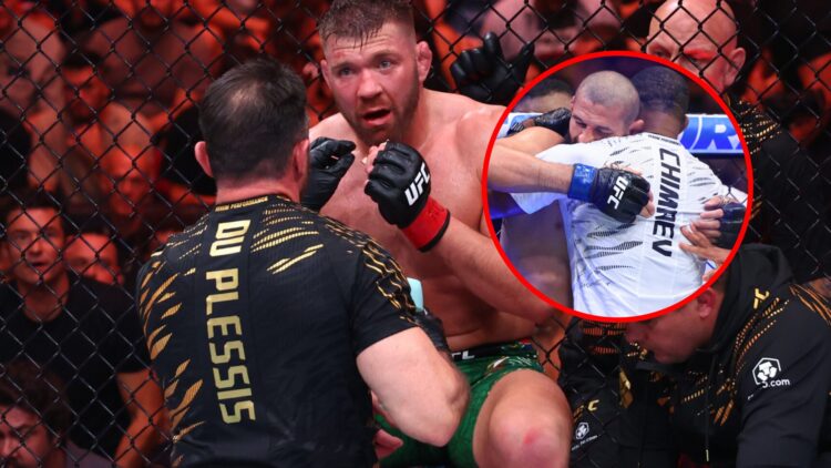 Main: Dricus du Plessis sits on the stool between rounds at UFC 319. Inset: Khamzat Chimaev hugs his coach after defeating Dricus du Plessis in the...