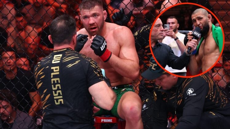 Dricus Du Plessis on the stool between rounds at UFC 319 with an inset of Khamzat Chimaev following his win