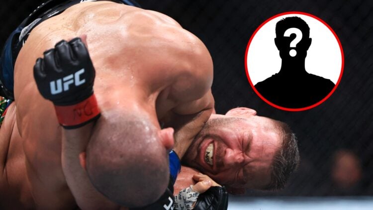 Main: Dricus du Plessis reacts while grappling with Khamzat Chimaev during their title fight at UFC 319. Inset: Mystery icon