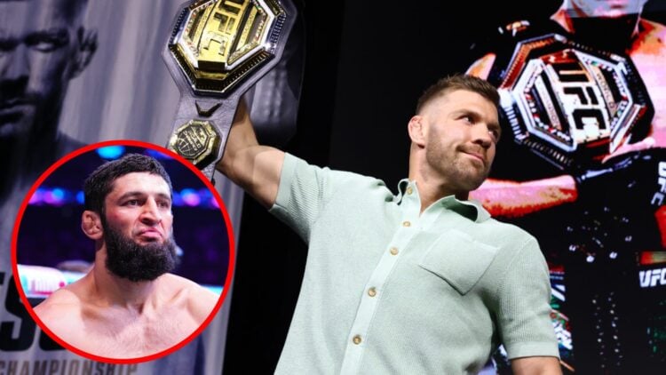Dricus du Plessis holds up the UFC middleweight title at the UFC 319 press conference, inset Khamzat Chimaev prepares to face Robert Whittaker at U...