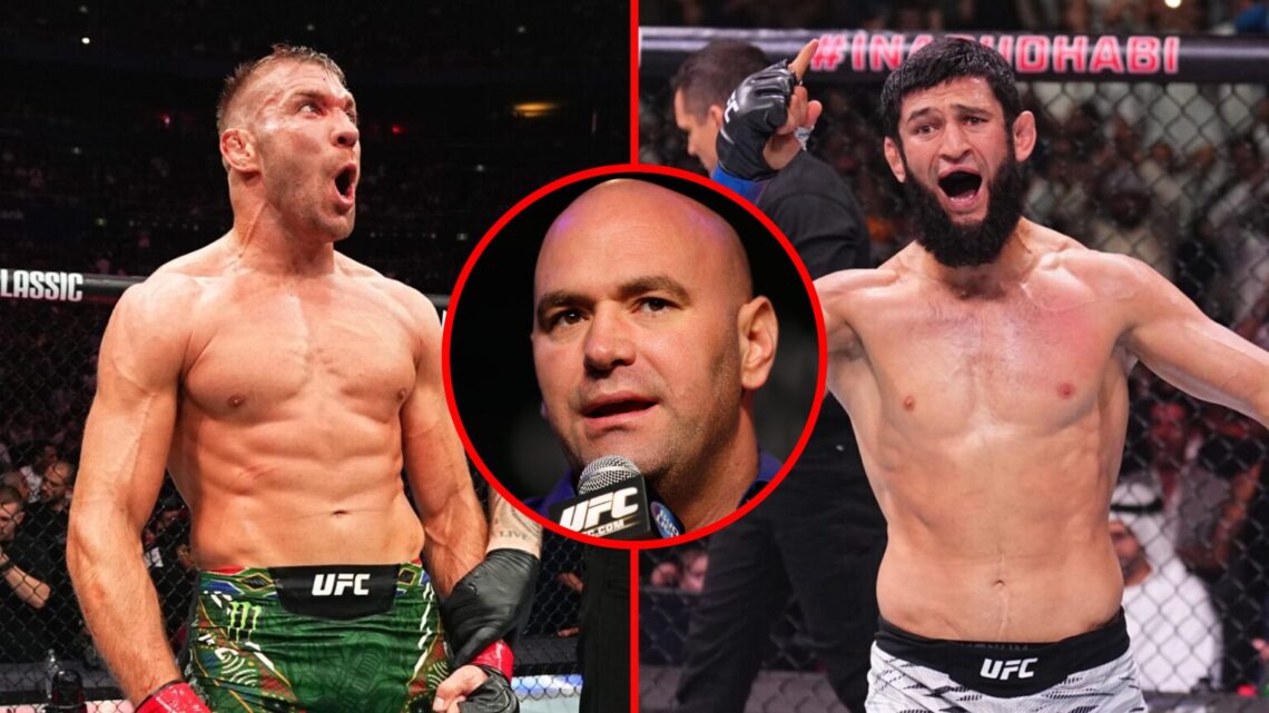 Left: Dricus du Plessis celebrates after his decision victory over Sean Strickland at UFC 312. Right: Khamzat Chimaev reacts after submitting Rober...