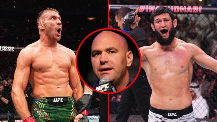 Left: Dricus du Plessis celebrates after his decision victory over Sean Strickland at UFC 312. Right: Khamzat Chimaev reacts after submitting Rober...