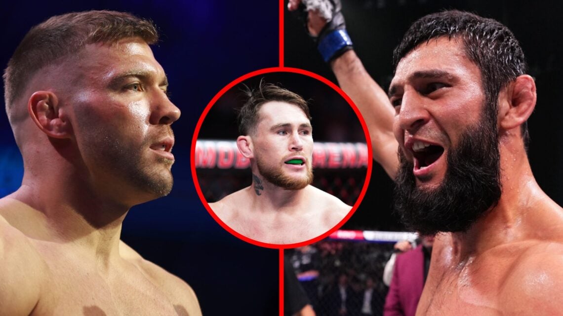 Dricus du Plessis prepares to face Sean Strickland at UFC 297, Khamzat Chimaev celebrates after beating Robert Whittaker at UFC 308, inset Darren T...