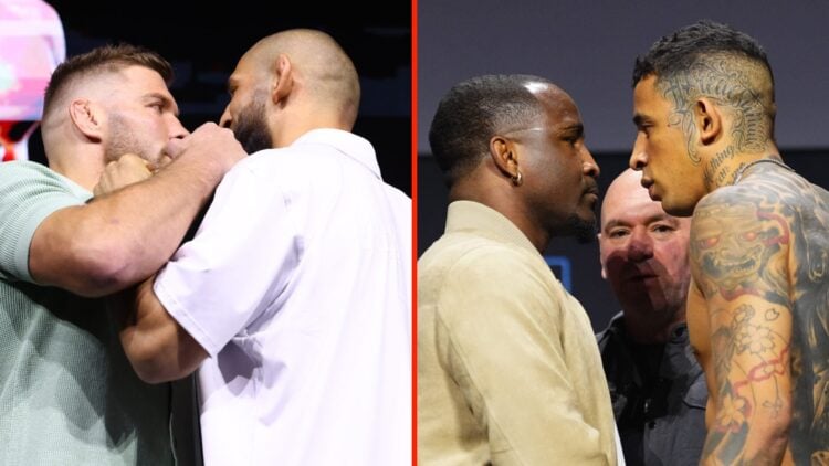 Dricus Du Plessis and Khamzat Chimaev face off at UFC 319 press conference and Geoff Neal and Carlos Prates face off at the UFC 314 press conference