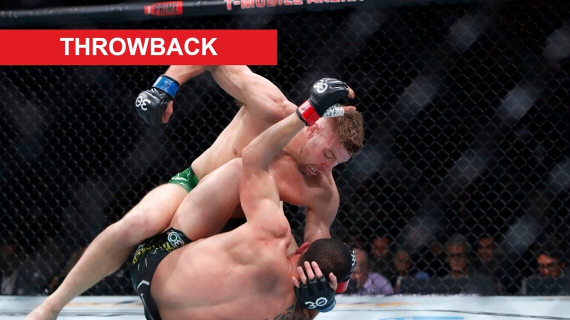 Dricus du Plessis prepares to throw a right hand at Robert Whittaker on the canvas