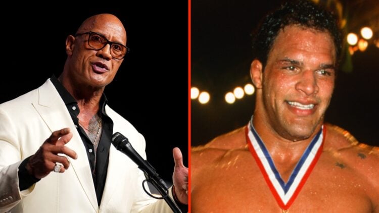 Dwayne 'The Rock' Johnson during the UFC Hall of Fame Ceremony 2025 split with Mark Kerr following UFC 14 tournament win