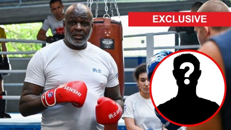 Ernesto Hoost coaches fighters at the SENSHI training camp, inset mystery icon and exclusive banner