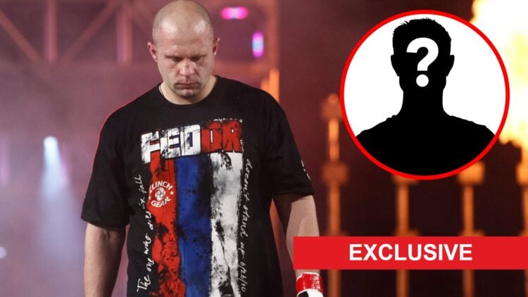 Fedor Emelianenko walks to the cage ahead of his Strikeforce fight with Antonio Silva, inset mystery icon and exclusive banner