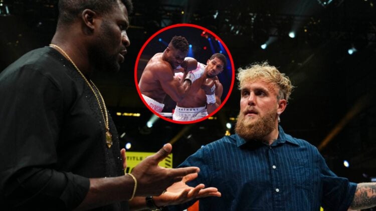 Main: Francis Ngannou faces off with Renan Ferreira in front of Jake Paul at the 2024 PFL 9: Washington DC Playoffs. Inset: Anthony Joshua punches ...