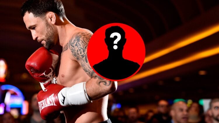Frankie Edgar in boxing gloves during UFC open workout, with mystery inset