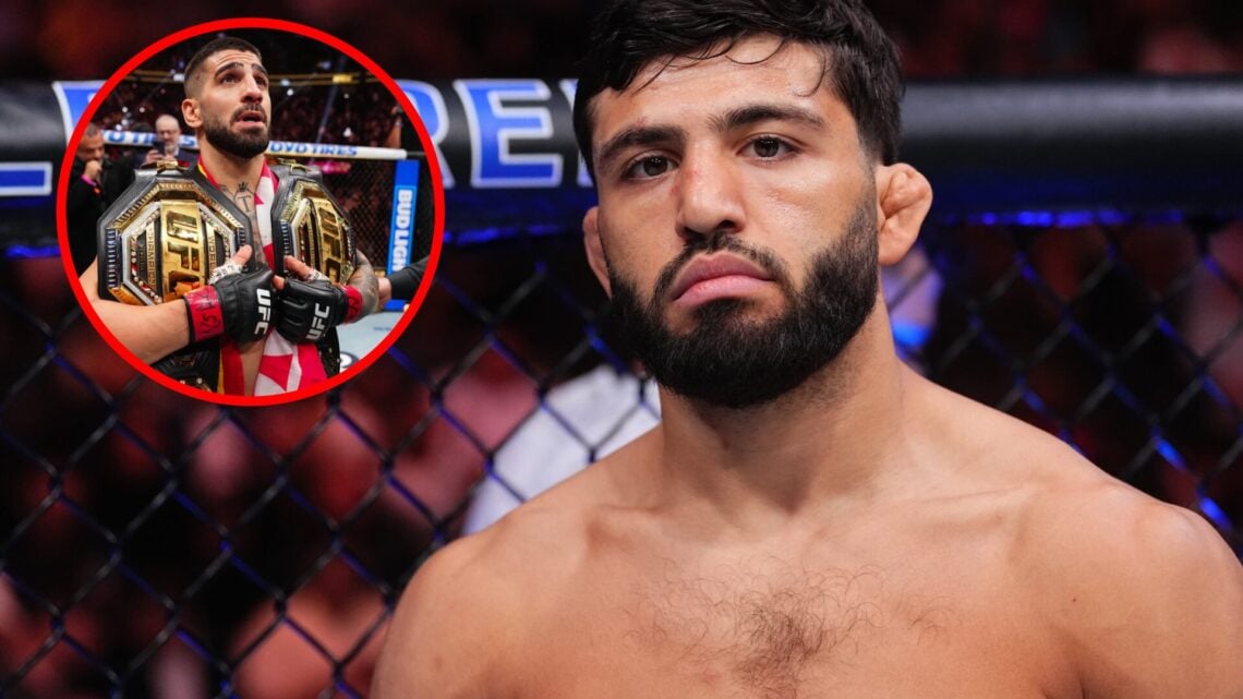 Arman Tsarukyan prepares to fight at UFC 300, inset Ilia Topuria poses with two UFC belts after winning at UFC 317