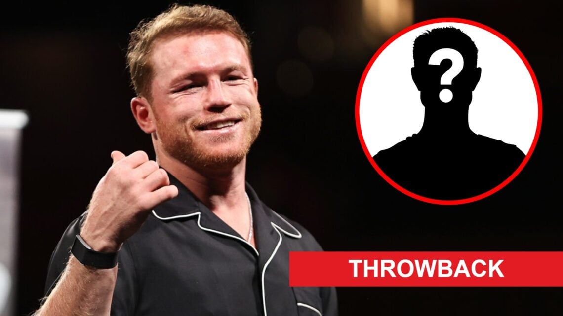 Canelo Alvarez speaks during a press conference after beating Edgar Berlanga, inset mystery icon and throwback banner