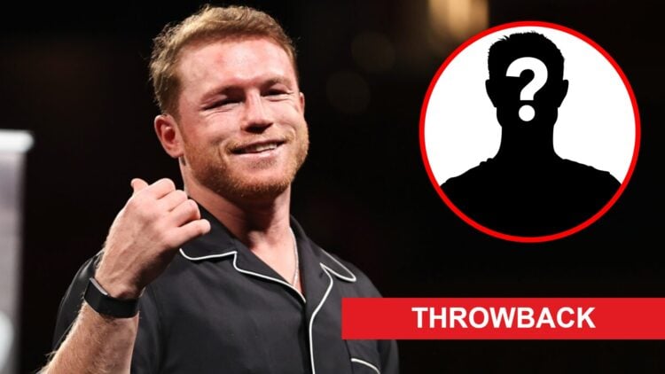 Canelo Alvarez speaks during a press conference after beating Edgar Berlanga, inset mystery icon and throwback banner