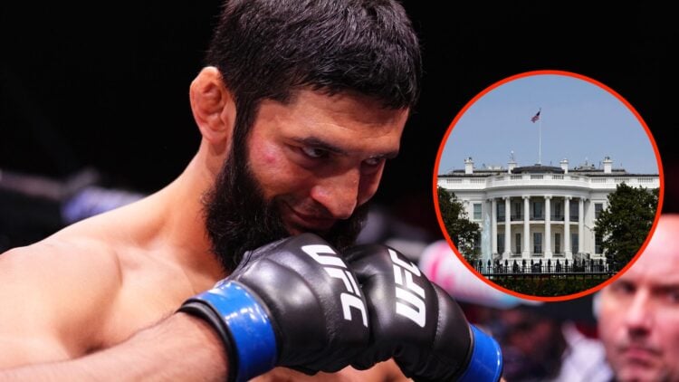 Khamzat Chimaev reacts during the fighter introductions at UFC 308 with an inset of the White House