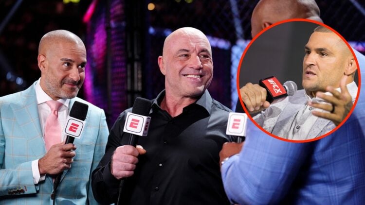 Joe Rogan during the UFC 317 broadcast with an inset of Dustin Poirier answering questions at UFC X