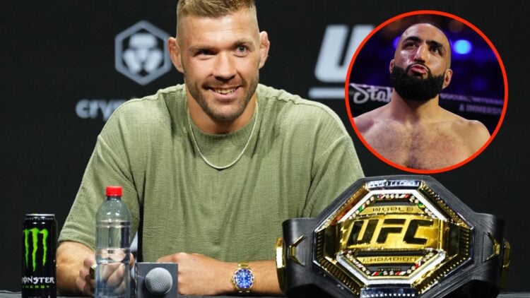 Dricus Du Plessis on stage during the UFC 312 press conference with an inset of Belal Muhammad moments before his UFC 315 main event