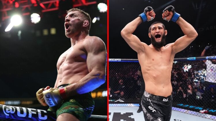 Split image of Dricus du Plessis at UFC 312 and Khamzat Chimaev at UFC 294