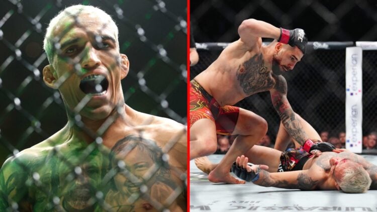 Image of Charles Oliveira at UFC 317 and Ilia Topuria knocking out Charles Oliveira at UFC 317