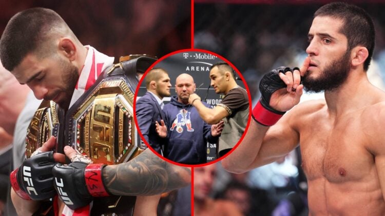 Split image of Ilia Topuria at UFC 317, Islam Makhachev at UFC 294, inset of Khabib Nurmagomedov facing Tony Ferguson