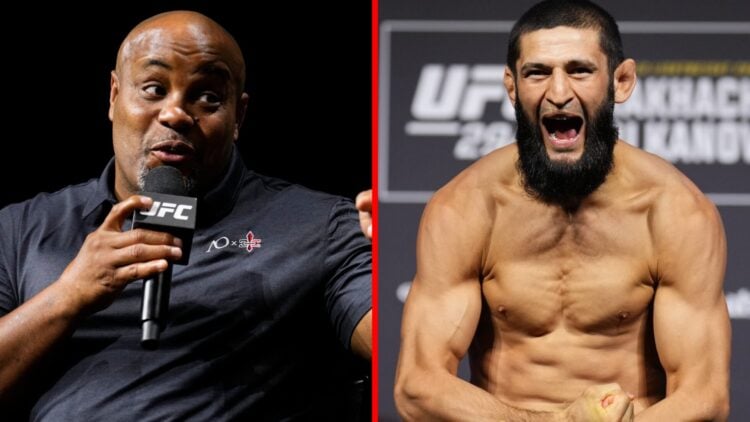 Split image of Daniel Cormier during a Q&A ahead of UFC 318 and Khamzat Chimaev weighing in for UFC 294