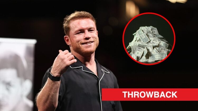 Main: Canelo Alvarez attends a press conference in Las Vegas after winning his fight against Edgar Berlanga. Inset: A bunch of American dollars ban...