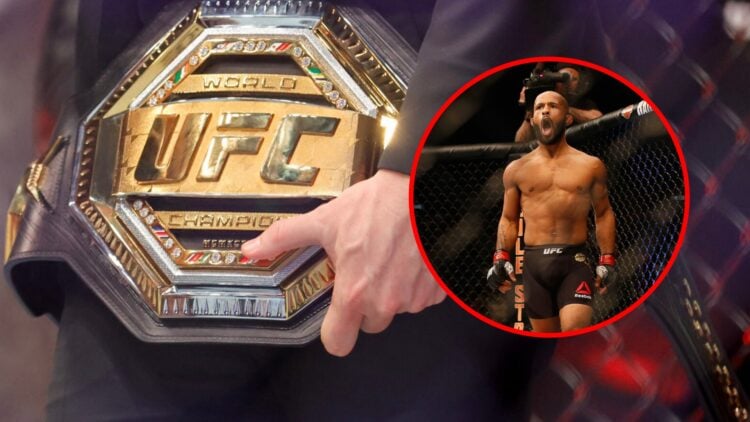 Main: Detailed shot of a UFC title at UFC 310. Inset: Demetrious Johnson reacts after finishing Henry Cejudo at UFC 197.