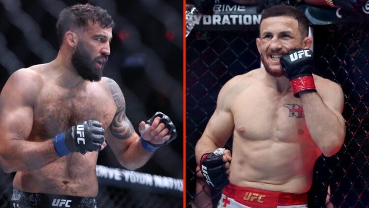 Roman Dolidze puts his hands up during his fight at UFC 303 and Merab Dvalishvili in the corner ahead of his UFC 316 fight against Sean O'Malley