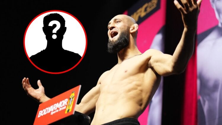 Main: Khamzat Chimaev poses on the scale at the UFC 279 Ceremonial Weigh-Ins. Inset: Mystery icon