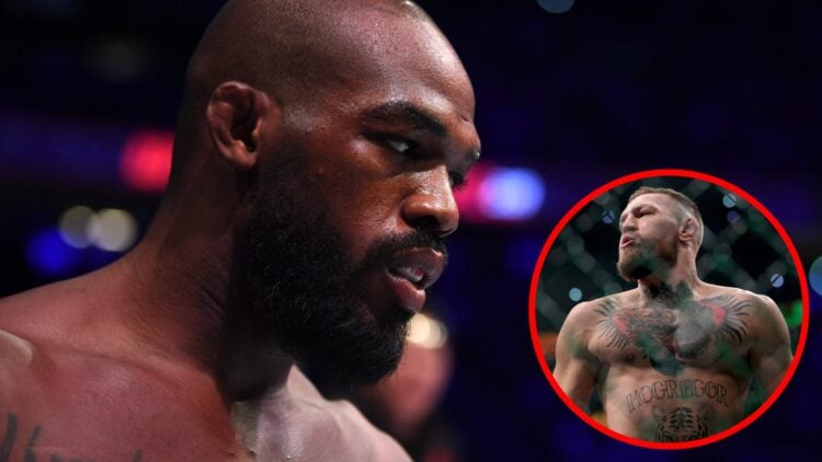 Jon Jones enters the Octagon ahead of his UFC 239 fight with Thiago Santos, inset Conor McGregor prepares to face Dustin Poirier at UFC 264