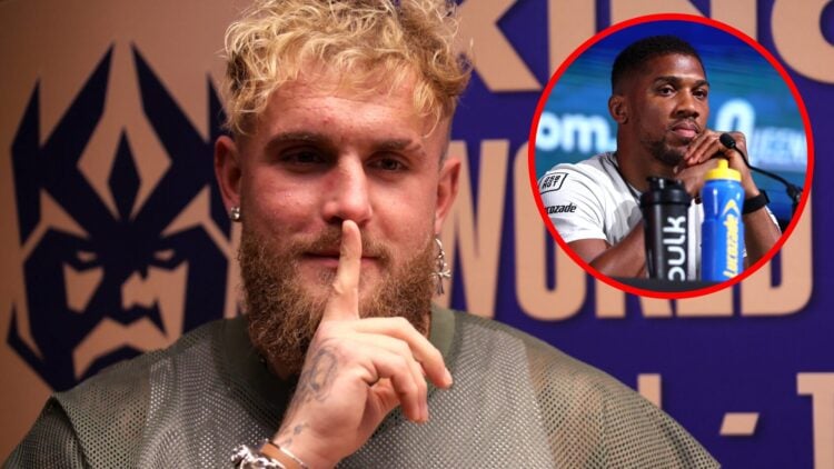 Jake Paul gestures at the Kings League world cup nations final match between Brazil and Columbia, inset Anthony Joshua on stage at a press conferen...
