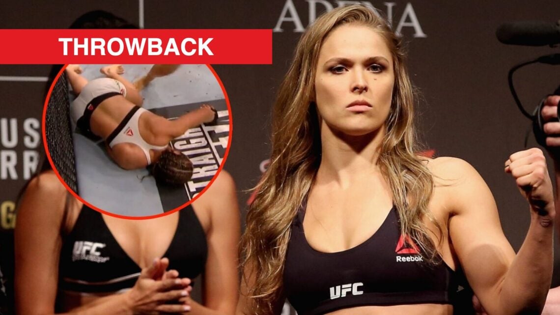 Ronda Rousey poses after making weight ahead of UFC 190, inset of Bethe Correia KO'd at UFC 190