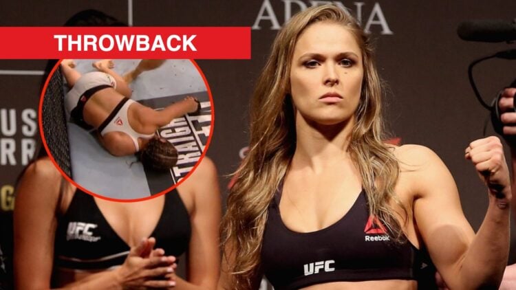 Ronda Rousey poses after making weight ahead of UFC 190, inset of Bethe Correia KO'd at UFC 190