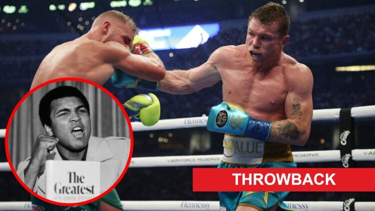 Canelo Alvarez punches Billy Joe Saunders at AT&T Stadium, inset Muhammad Ali promotes his new book at a press conference, throwback banner