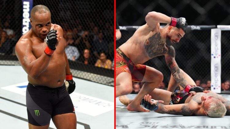 Split image of Daniel Cormier at UFC 214, Charles Oliveira getting knocked out by Ilia Topuria at UFC 317
