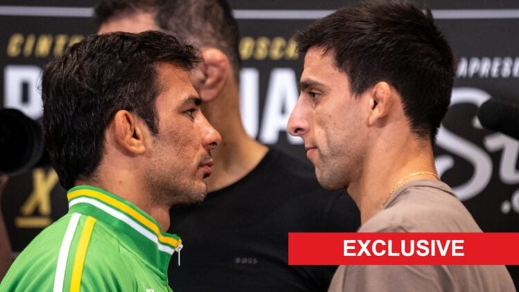 Alexandre Pantoja and Steve Erceg face off at the UFC 301 media day, inset exclusive banner