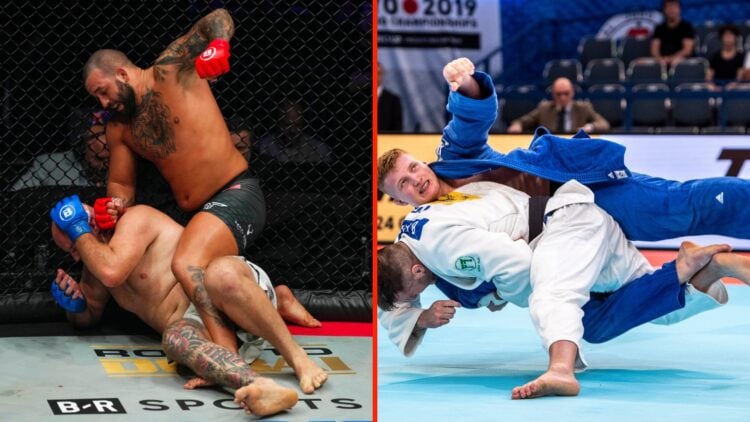 Josh Hokit punches down at Sean Rose during their Bellator fight and Iwo Baraniewski is thrown by Benjamin Fletcher in Judo during the Tokyo World ...