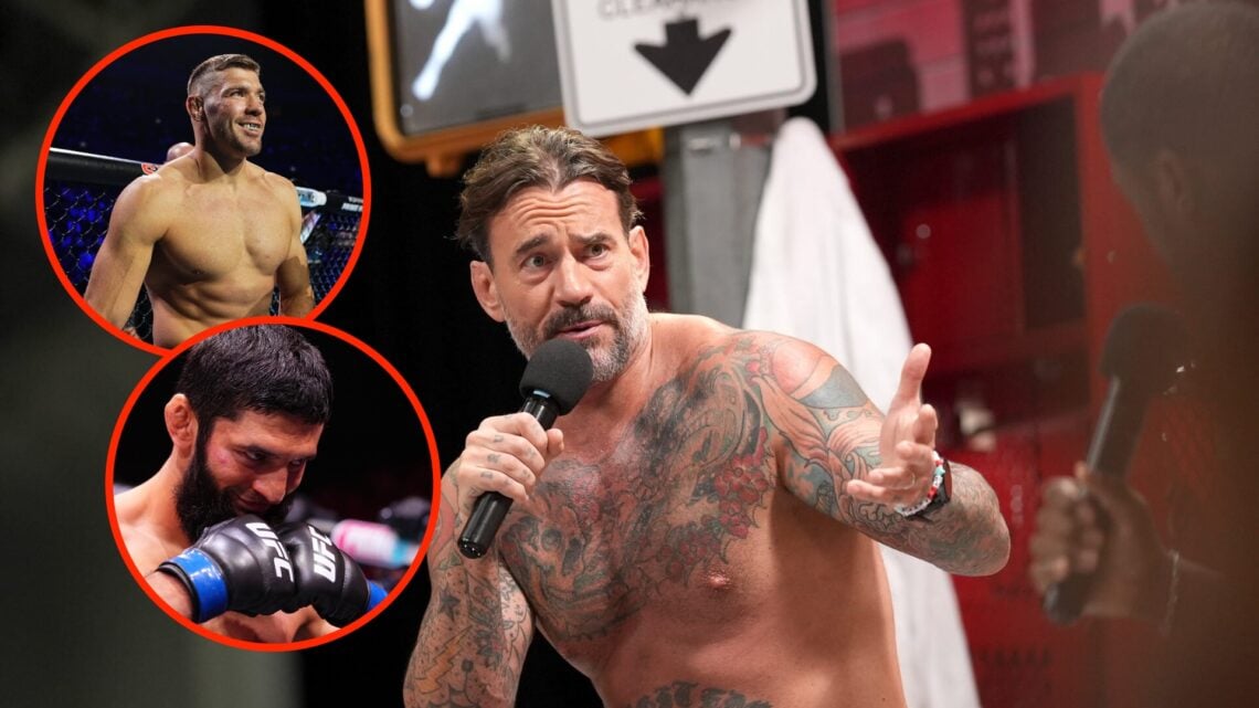CM Punk on the panel at the NYC Fanatics Fest 2025 with insets of Dricus Du Plessis moments before UFC 312 and Khamzat Chimaev during fighter intro...
