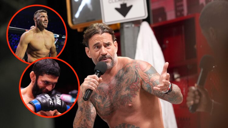 CM Punk on the panel at the NYC Fanatics Fest 2025 with insets of Dricus Du Plessis moments before UFC 312 and Khamzat Chimaev during fighter intro...