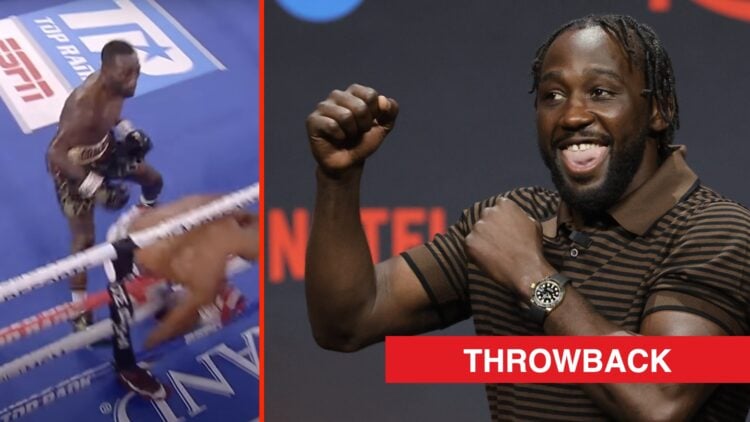 Terence Crawford swarms Kell Brook after landing huge right hand on him split with Crawford at the pre-fight press conference ahead of Canelo vs Cr...