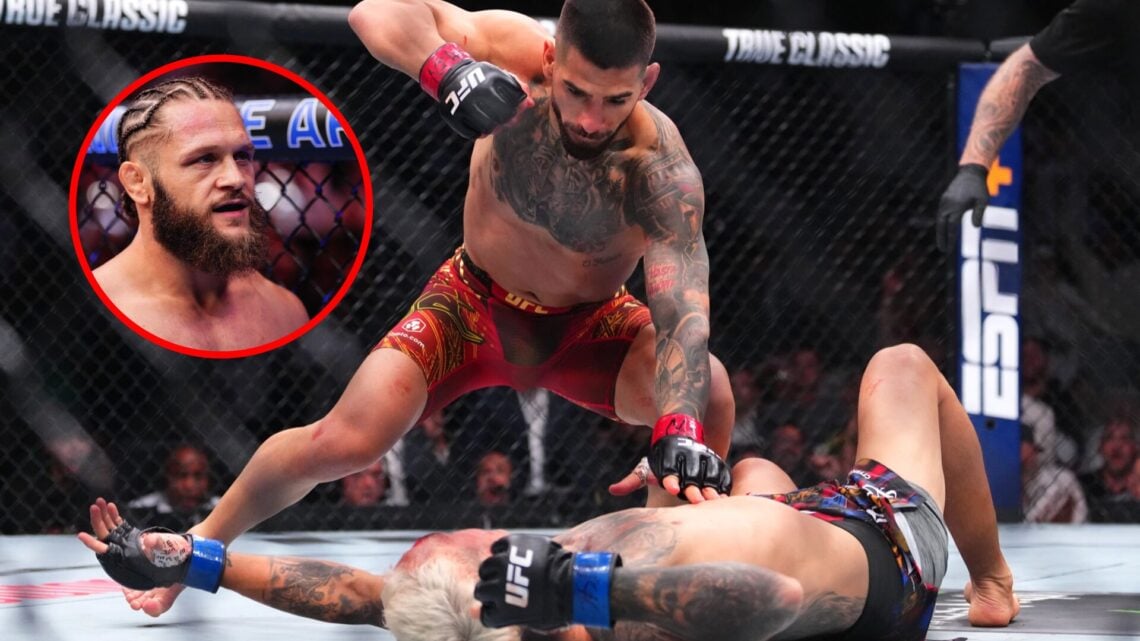 Main: Ilia Topuria stands over Charles Oliveira and lands KO punch at UFC 317. Inset: Rafael Fiziev inside the cage for his fight against Justin Ga...