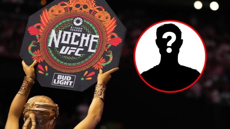 Main: An Octagon girl announces the start of a round at UFC 306 at Riyadh Season Noche UFC. Inset: Mystery icon.