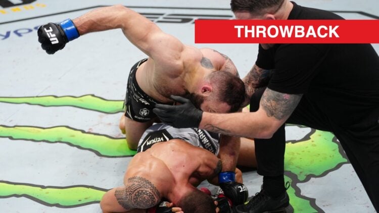 Roman Dolidze prepares to throw a punch at Jack Hermansson on the ground during their fight at UFC Orlando
