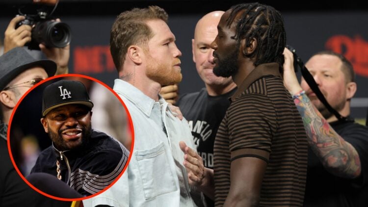 Canelo Alvarez and Terence Crawford face off at their pre-fight press conference with an inset of Floyd Mayweather in attendance at an NBA game
