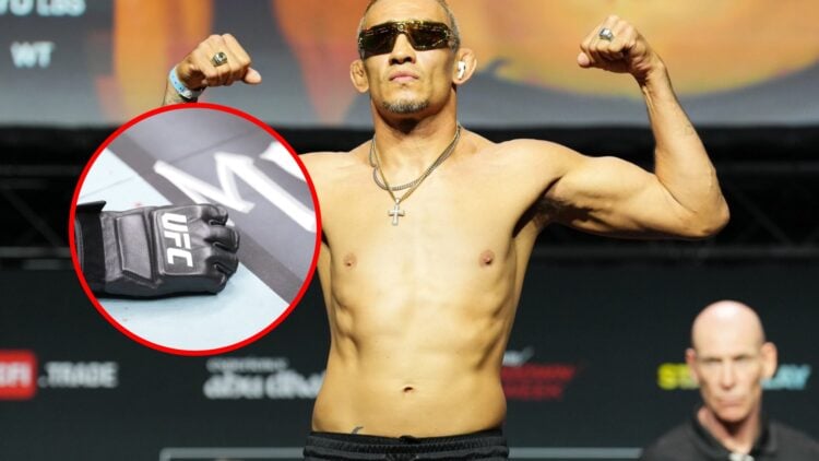 Tony Ferguson at UFC Abu Dhabi weigh-ins, with inset of UFC glove in Octagon