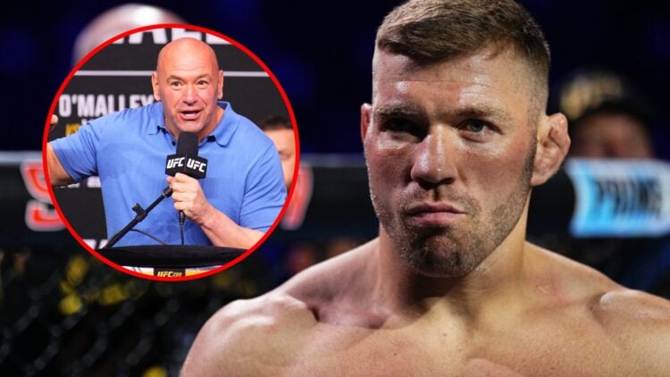 Main: Dricus du Plessis prepares to face Sean Strickland at UFC 312. Inset: Dana White speaks in stage at the UFC 299 press conference.