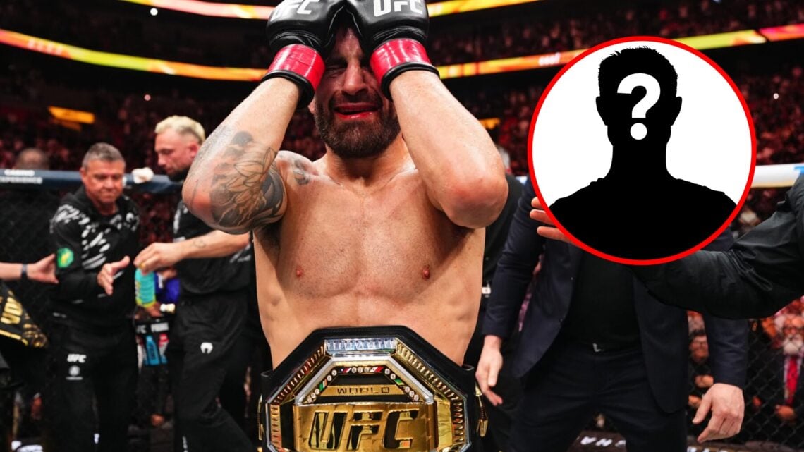 Main: Alexander Volkanovski reacts to winning at UFC 314. Inset: Mystery icon