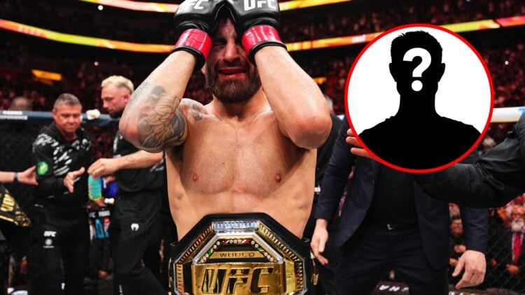 Main: Alexander Volkanovski reacts to winning at UFC 314. Inset: Mystery icon