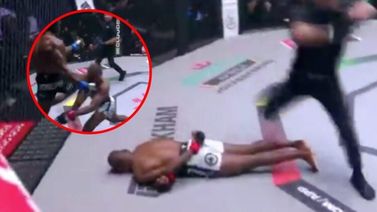 Main: Dwight Joseph lands a jumping knee on Wilker Nsamo during their fight at PFL Africa 2. Inset: Wilker Nsamo lies unconscious after being knock...